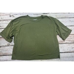 Eileen Fisher Cotton Stretch Green Boxy Crop T-Shirt Rolled Sleeve Top LP
